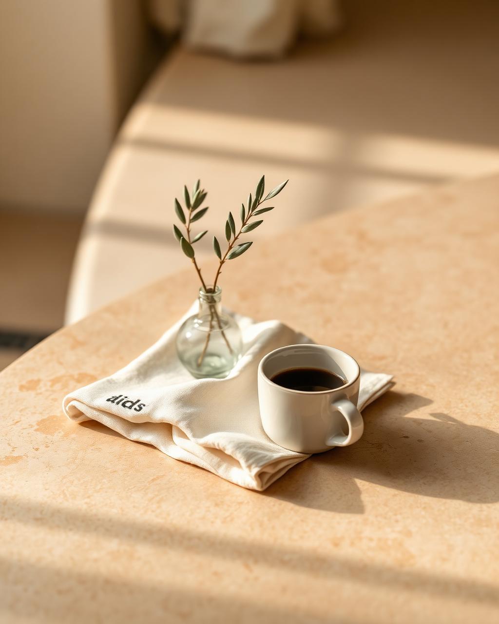 Olive branch, linen napkin and espresso cup styled on travertine